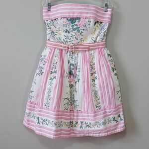 Betsey Johnson Dress Size 10 Strapless Striped Floral Boning Flare Pleated Aline